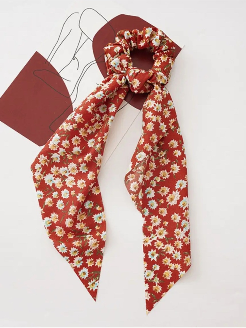 Floral Orange Scarf Scrunchie with Bow